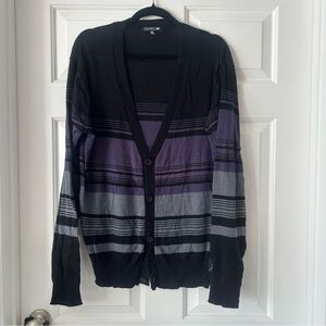 Ezekiel Stripped Button Down Sweater V Neck Black Gray Purple